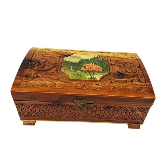 Vintage 50s 60s Wooden Jewelry Box Carved with Mirror Inside - Picture 1 of 10